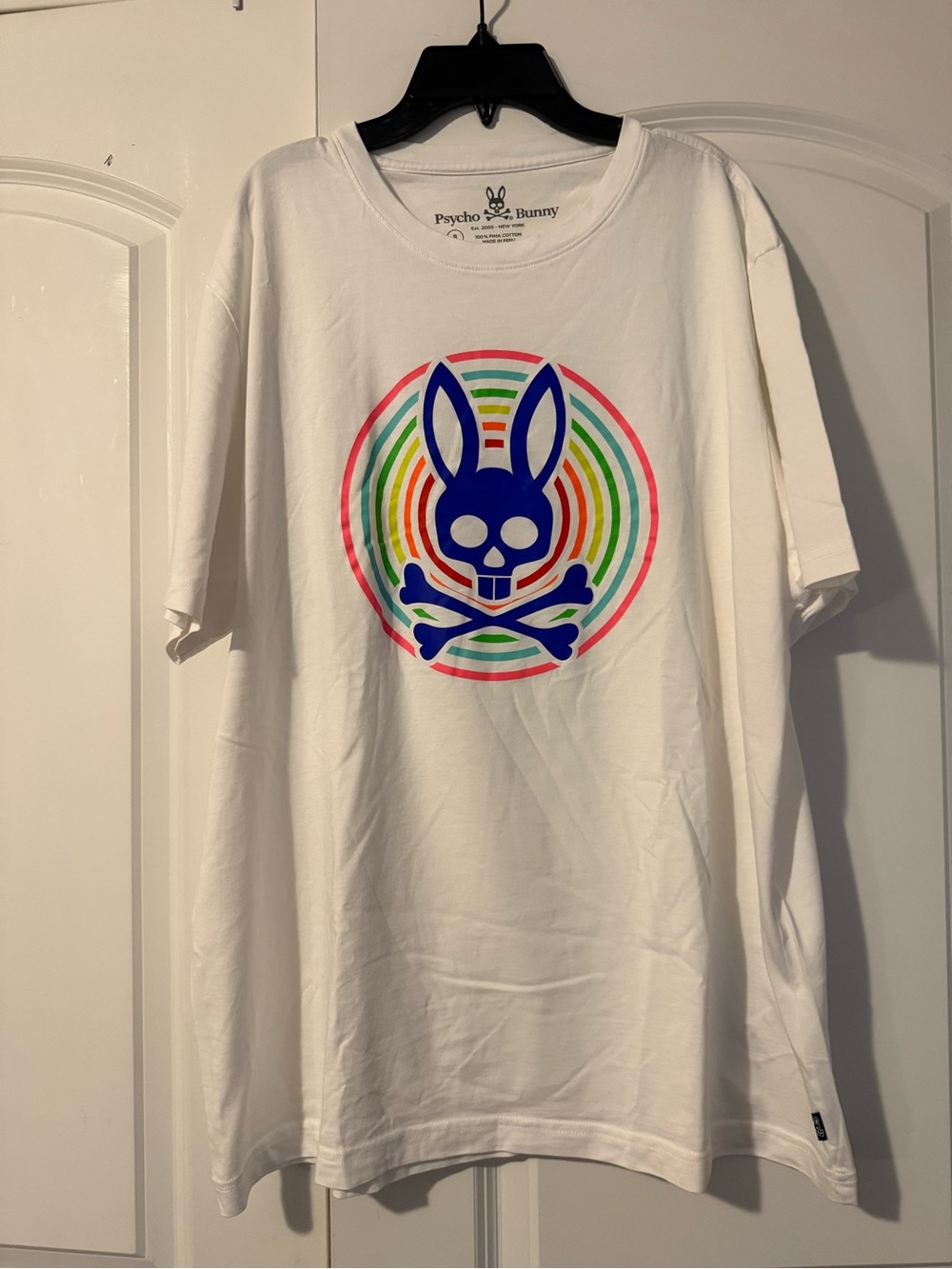 Psycho Bunny White Short Sleeve Tee with Blue Bunny and Rainbow Rings
